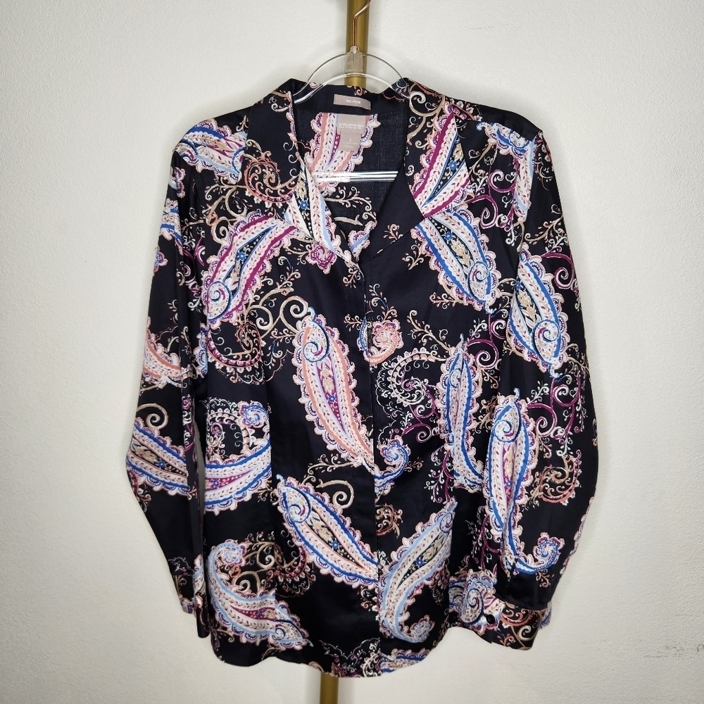 Chicos 3 Long Sleeve Button Front Shirt Paisley Print Navy Womens Size XL